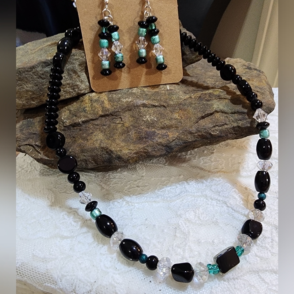 Elegant Black, Teal And AB Glass Beaded Necklace and Earring Set